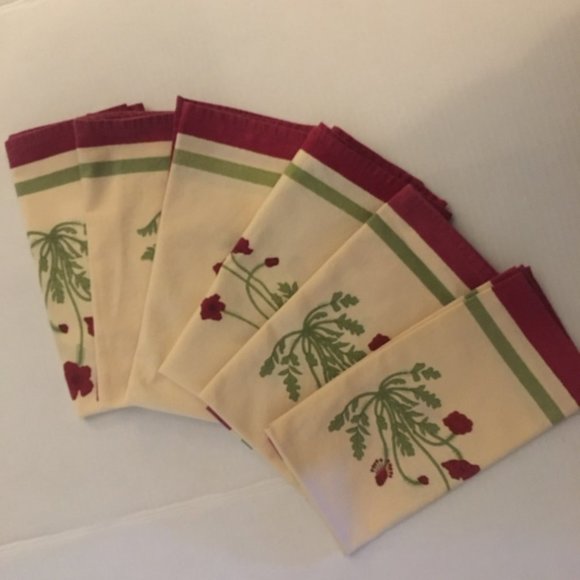 Couleur Nature Cloth Napkins Poppies Cream Wine Red Lime Set of Eight Cotton - Picture 7 of 7